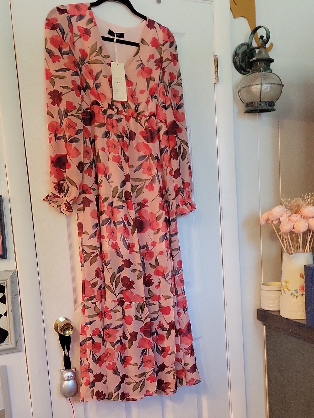 Pink Floral V-Neck Maxi Dress with Long Sleeves. NWT